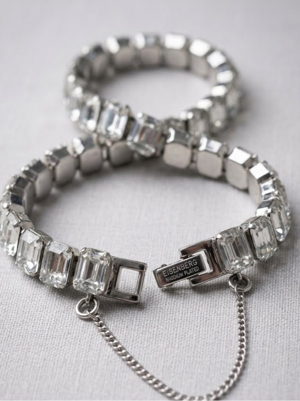 VTG Signed Eisenberg Clear Emerald Cut crystals and Rhodium Plated Bracelet